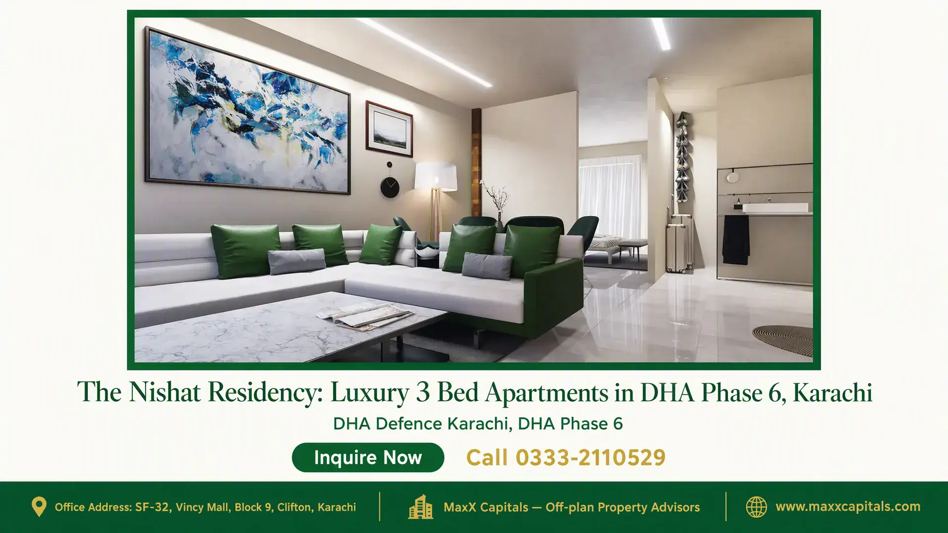 The Nishat Residency: Luxury 3 Bed Apartments in DHA Phase 6, Karachi Elegant living room in The Nishat Residency with modern furniture, marble coffee table, and abstract wall art in DHA Phase 6,