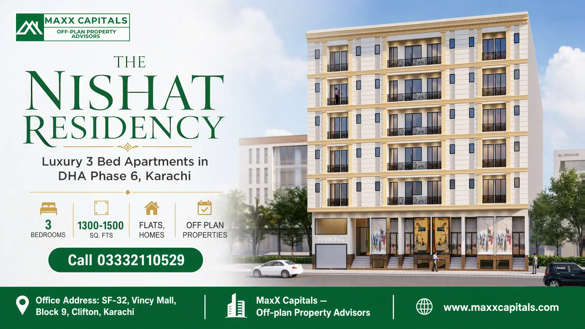 The Nishat Residency: Luxury 3 Bed Apartments in DHA Phase 6, Karachi Modern six-story apartment building with a beige facade, balconies, and ground floor commercial spaces in DHA Phase 6, Karach