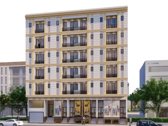 Nishat Residency Luxury 3-Bed Apartments In Dha Phase 6 Karachi Exterior With Multi-Story Beige Facade Balconies Large Window