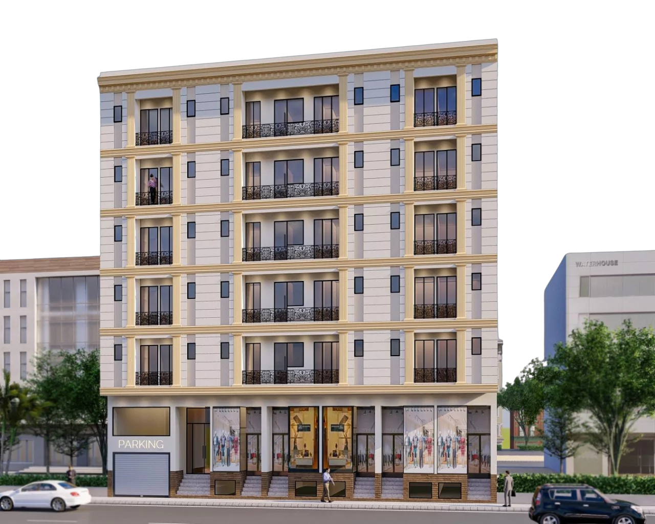 Nishat Residency luxury 3-bed apartments in DHA Phase 6 Karachi exterior with multi-story beige facade balconies large window