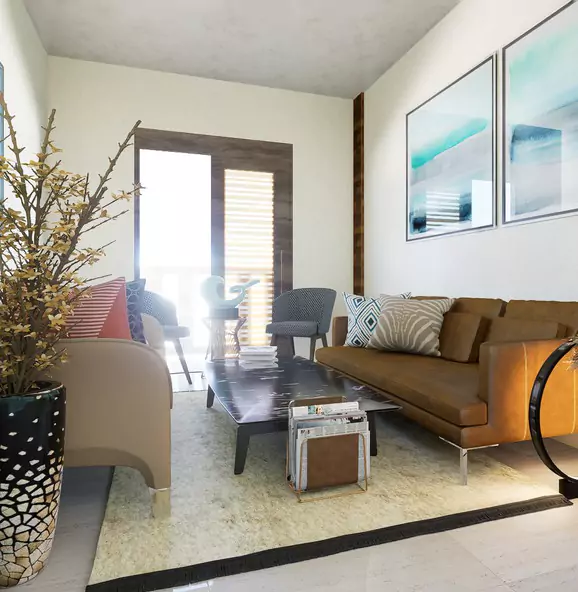 The Nishat Residency Dha Phase 6 Defence Karachi (11) Modern living room in Nishat Residency luxury 3 bed apartment DHA Phase 6 Karachi with brown leather sofa coffee table potted
