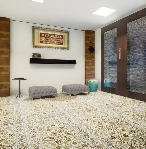 The Nishat Residency Dha Phase 6 Defence Karachi (2) Elegant lounge in Nishat Residency luxury apartments, DHA Phase 6, Karachi: ornate beige tiled floor, gray ottomans, Quranic