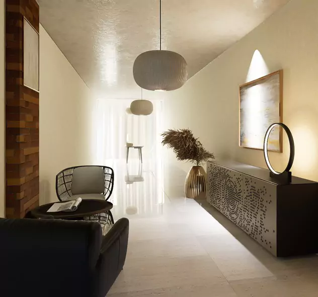 The Nishat Residency Dha Phase 6 Defence Karachi (3) Spacious modern hallway in Nishat Residency luxury 3-bed apartment, DHA Phase 6 Karachi, with marble flooring, rattan chairs,