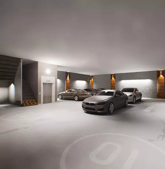 The Nishat Residency Dha Phase 6 Defence Karachi (8) Spacious underground parking garage at Nishat Residency in DHA Phase 6 Karachi with luxury cars elevator stairs and modern li