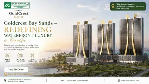 Goldcrest Bay Sands Waterfront Towers In Karachi With Gold-Accented Facades And Landscaped Shoreline