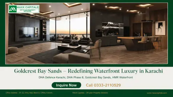 Goldcrest Bay Sands interior with floor-to-ceiling sea-view glazing, luxury living area, and modern kitchen