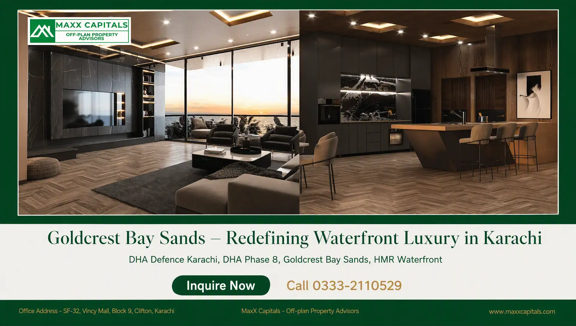 Goldcrest Bay Sands – Redefining Waterfront Luxury in Karachi Goldcrest Bay Sands interior with floor-to-ceiling sea-view glazing, luxury living area, and modern kitchen