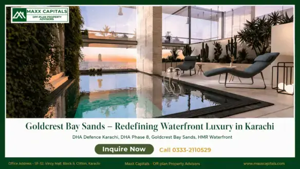 Goldcrest Bay Sands indoor pool with sea view, glass walls, lounge chairs and landscaped terrace