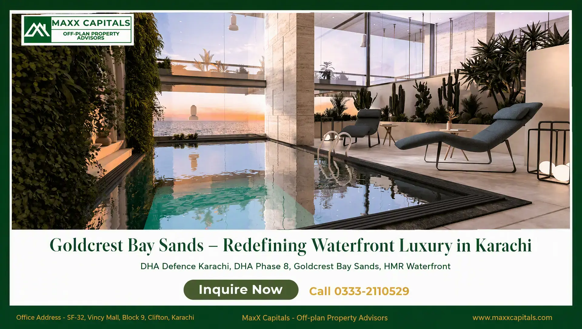 Goldcrest Bay Sands – Redefining Waterfront Luxury in Karachi Goldcrest Bay Sands indoor pool with sea view, glass walls, lounge chairs and landscaped terrace