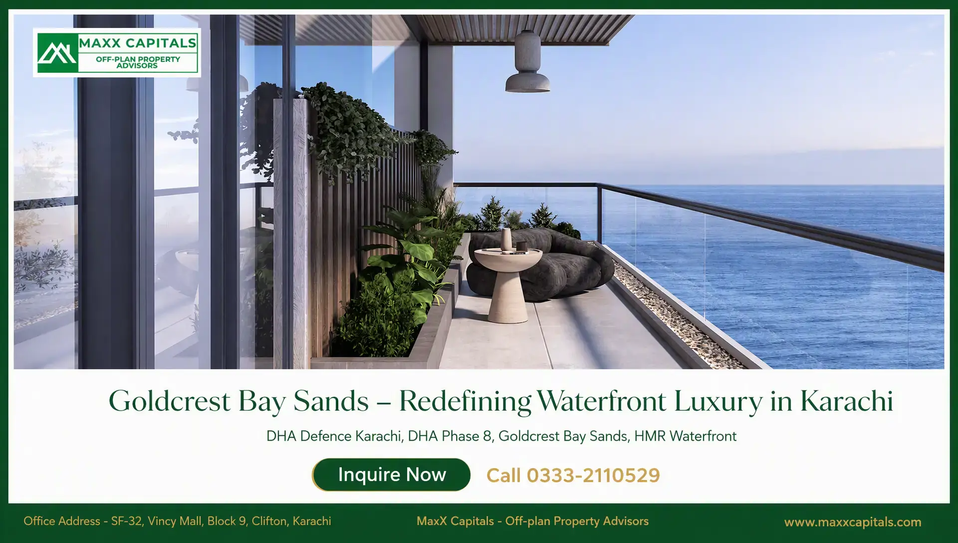Goldcrest Bay Sands – Redefining Waterfront Luxury in Karachi Goldcrest Bay Sands balcony with glass railing, built-in planters, and ocean view in Karachi