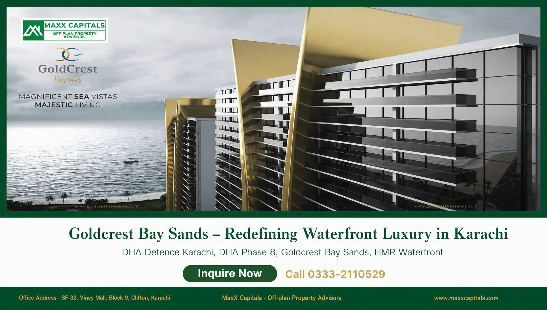 Goldcrest Bay Sands – Redefining Waterfront Luxury in Karachi Goldcrest Bay Sands waterfront towers with angular gold crowns and sea-facing balconies in Karachi