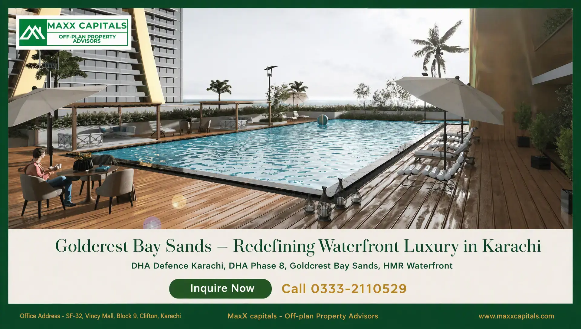 Goldcrest Bay Sands – Redefining Waterfront Luxury in Karachi Goldcrest Bay Sands rooftop pool deck with wooden terrace, lounge seating, umbrellas, and sea views