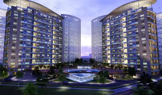 Twin High-Rise Towers With Curved Roofs At The Arkadians, Dha Phase 8 Karachi, Central Pool, Palm Trees, And Landscaped Groun