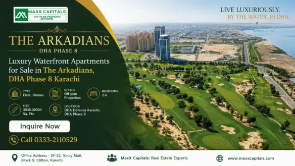 Aerial View Of The Arkadians Dha Phase 8 Karachi Beside Waterfront, Green Fairways, And High-Rise Towers