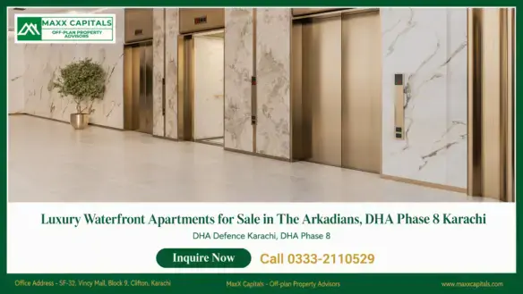 Luxury apartment lobby with gold elevators and marble walls at The Arkadians, DHA Phase 8 Karachi
