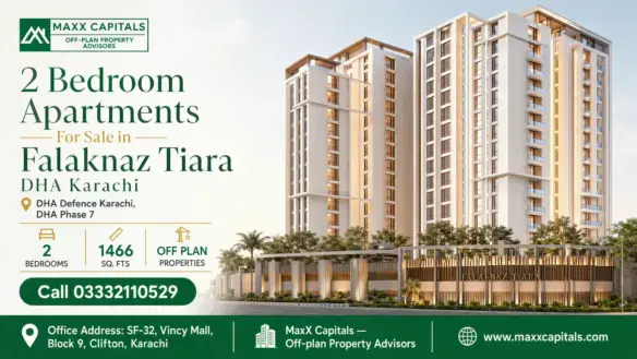 Modern High-Rise 2 Bedroom Apartments At Falaknaz Tiara In Dha Karachi, Showcasing Sleek Contemporary Architecture.