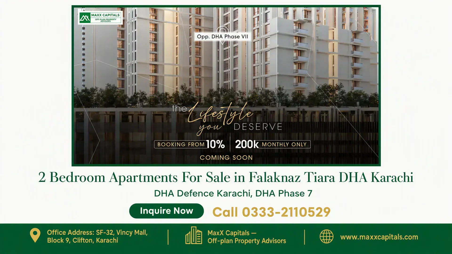 2 Bedroom Apartments For Sale in Falaknaz Tiara DHA Karachi Modern multi-story residential apartments with balconies in Falaknaz Tiara DHA Phase 7, surrounded by lush greenery.
