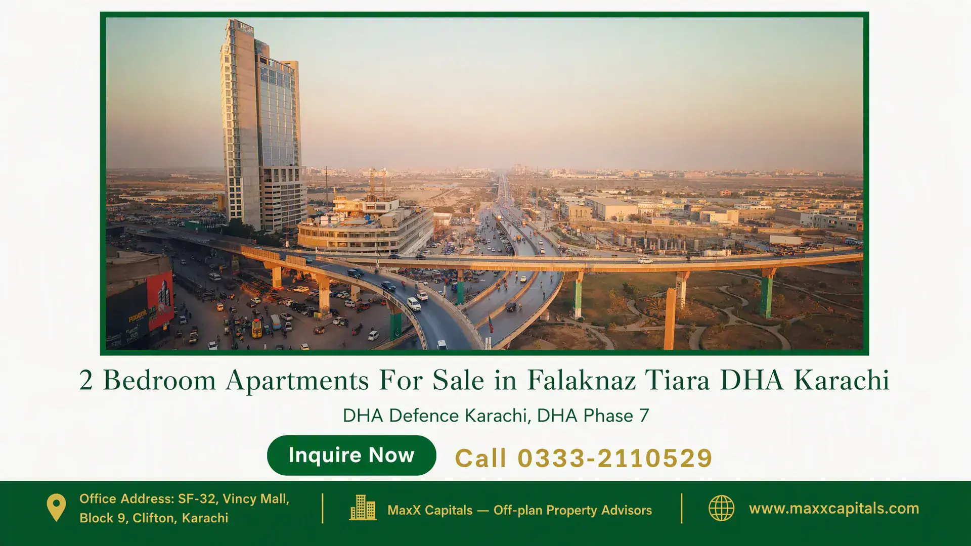 2 Bedroom Apartments For Sale in Falaknaz Tiara DHA Karachi Skyline view of a modern high-rise building in DHA Karachi with surrounding road infrastructure and urban development.