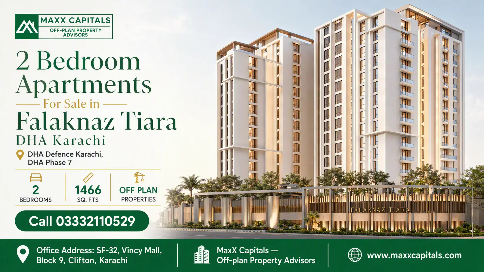 2 Bedroom Apartments For Sale in Falaknaz Tiara DHA Karachi Modern high-rise 2 bedroom apartments at Falaknaz Tiara in DHA Karachi, showcasing sleek contemporary architecture.