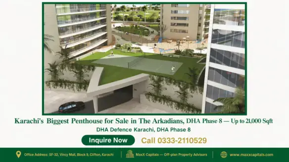 Elegant penthouse development featuring lush green spaces, a tennis court, and modern high-rise architecture in Karachi's DHA