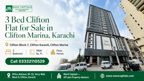 Modern High-Rise Building Facade In Clifton Marina, Karachi, Featuring Sleek Architectural Design And Multi-Floor Layout.