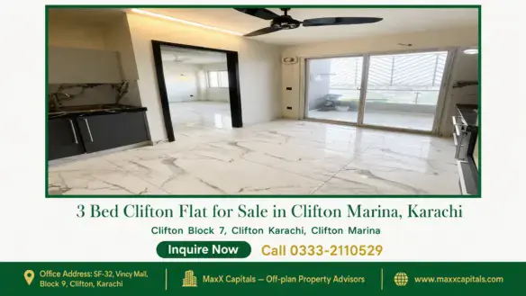 Spacious modern Clifton flat for sale with marble flooring, sliding glass doors, ceiling fan, and a partial view of the balco