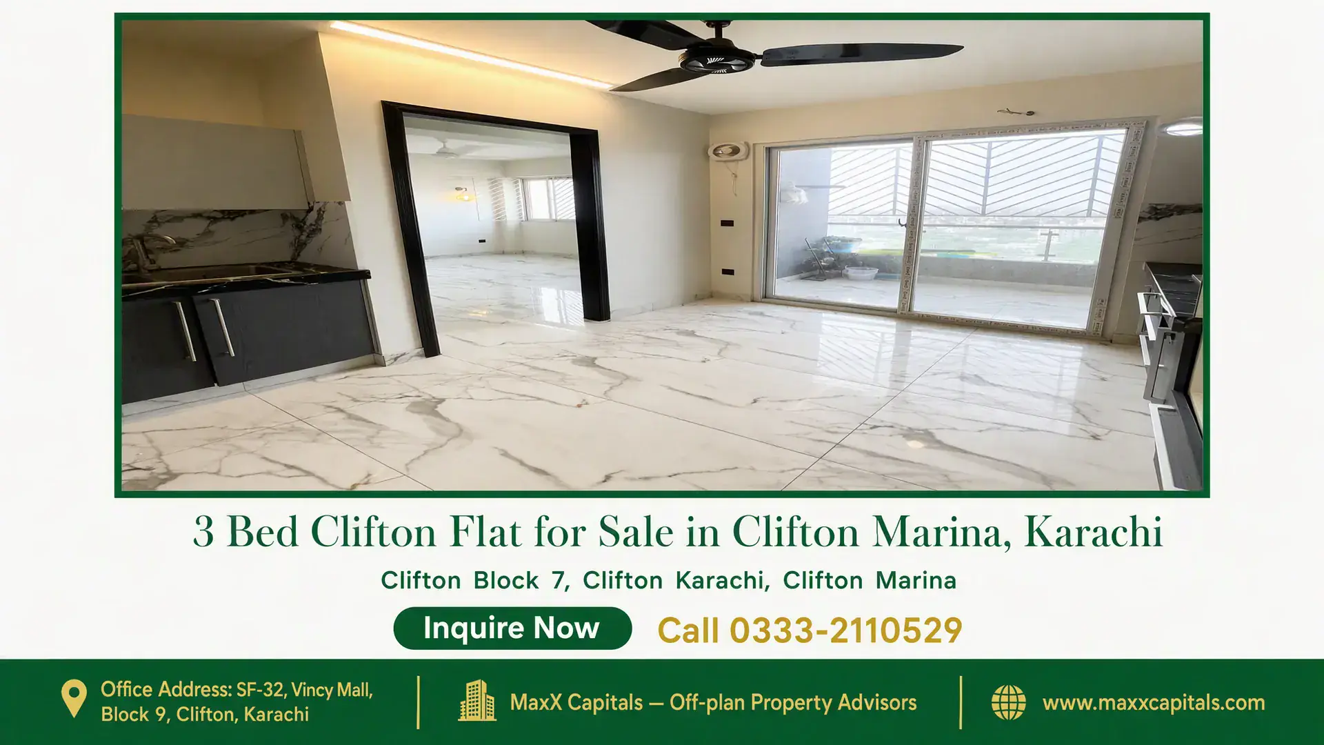 3 Bed Clifton Flat for Sale in Clifton Marina, Karachi Spacious modern Clifton flat for sale with marble flooring, sliding glass doors, ceiling fan, and a partial view of the balco