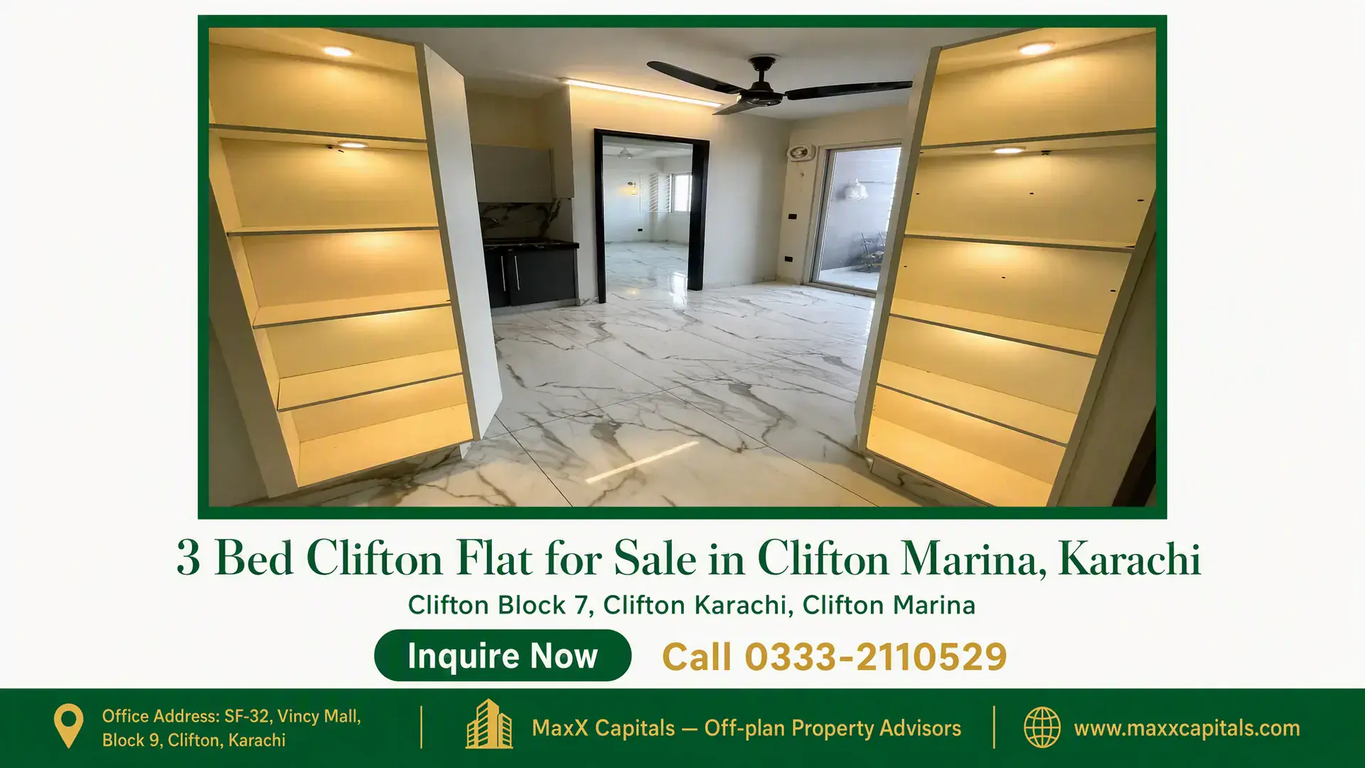 3 Bed Clifton Flat for Sale in Clifton Marina, Karachi Spacious Clifton flat with marble flooring, built-in shelving, sliding glass doors, and modern kitchen in Clifton Marina, Kar