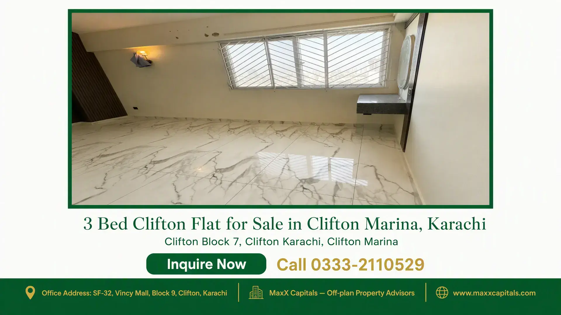 3 Bed Clifton Flat for Sale in Clifton Marina, Karachi Spacious room with elegant marble flooring, a bright window with security grills, built-in wall shelf, and modern sconce ligh