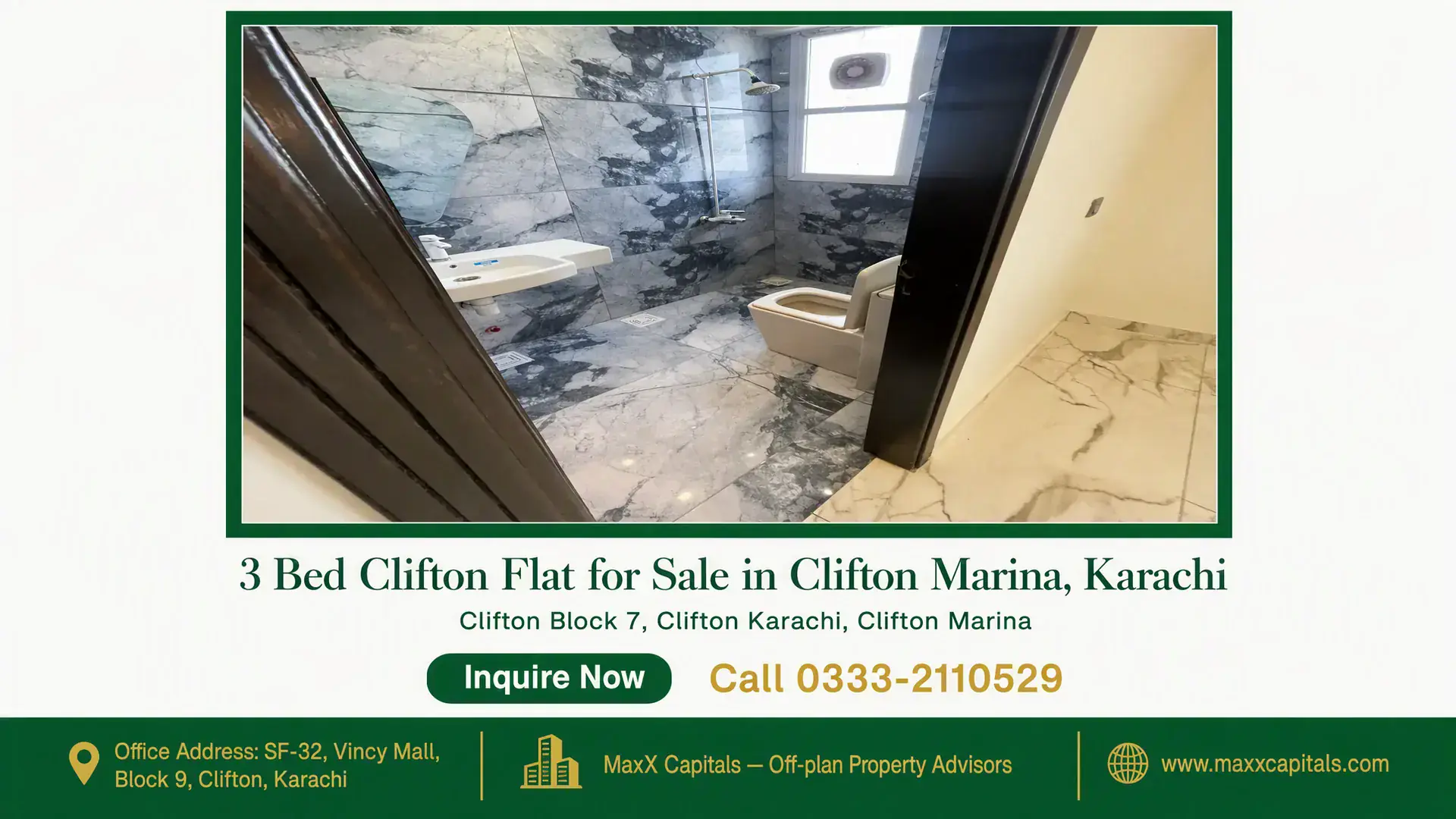 3 Bed Clifton Flat for Sale in Clifton Marina, Karachi Modern bathroom with sleek marble tiles, a contemporary sink, toilet, and large window in a Clifton flat for sale.