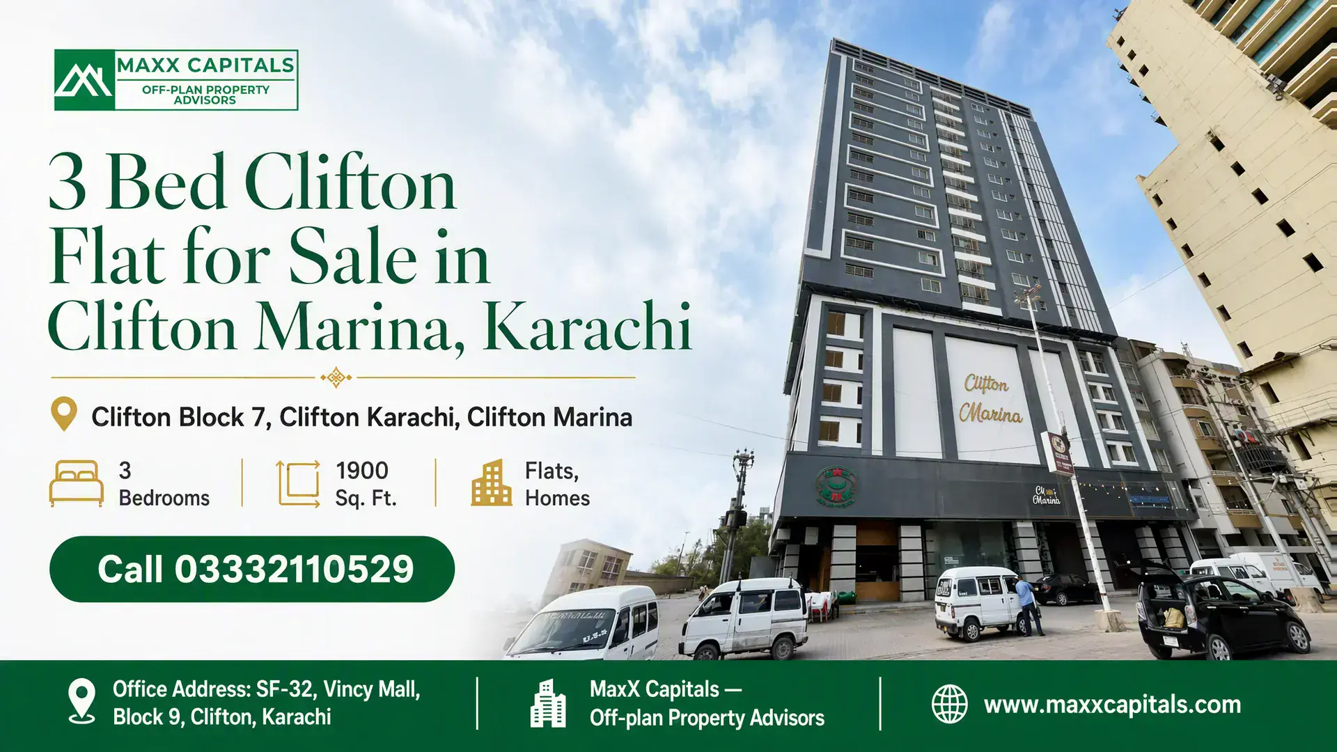 3 Bed Clifton Flat for Sale in Clifton Marina, Karachi Modern high-rise building facade in Clifton Marina, Karachi, featuring sleek architectural design and multi-floor layout.