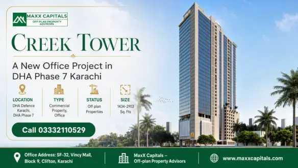 Creek Tower Office Skyscraper In Dha Phase 7 Karachi With Glass Facade And Palm Trees In Foreground.
