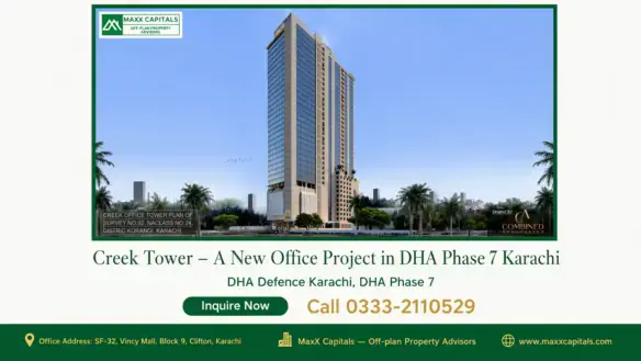 Tall modern office tower named Creek Tower in DHA Phase 7 Karachi, surrounded by lush greenery and a clear blue sky.