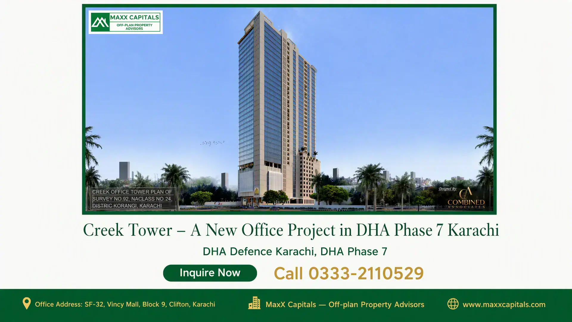 Creek Tower – A New Office Project in DHA Phase 7 Karachi Tall modern office tower named Creek Tower in DHA Phase 7 Karachi, surrounded by lush greenery and a clear blue sky.