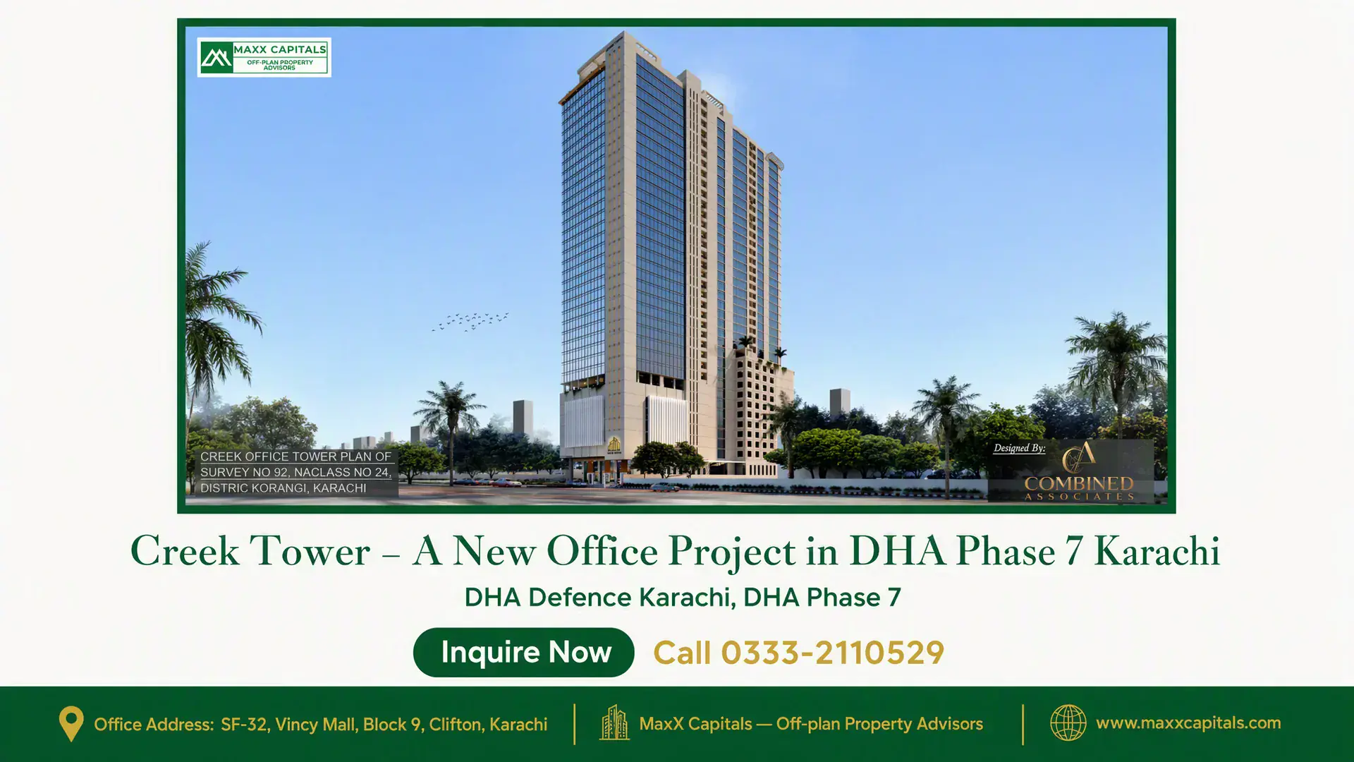 Creek Tower – A New Office Project in DHA Phase 7 Karachi Modern high-rise Creek Tower with sleek glass facade, surrounded by palm trees in DHA Phase 7 Karachi.