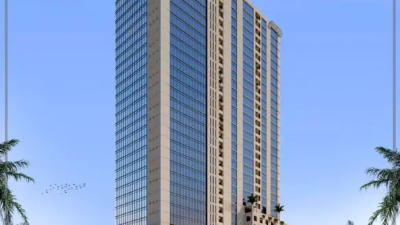 Modern High-Rise Creek Tower Office Building In Dha Phase 7 Karachi, Featuring Glass Facade, Beige Cladding, Palm Trees, And 