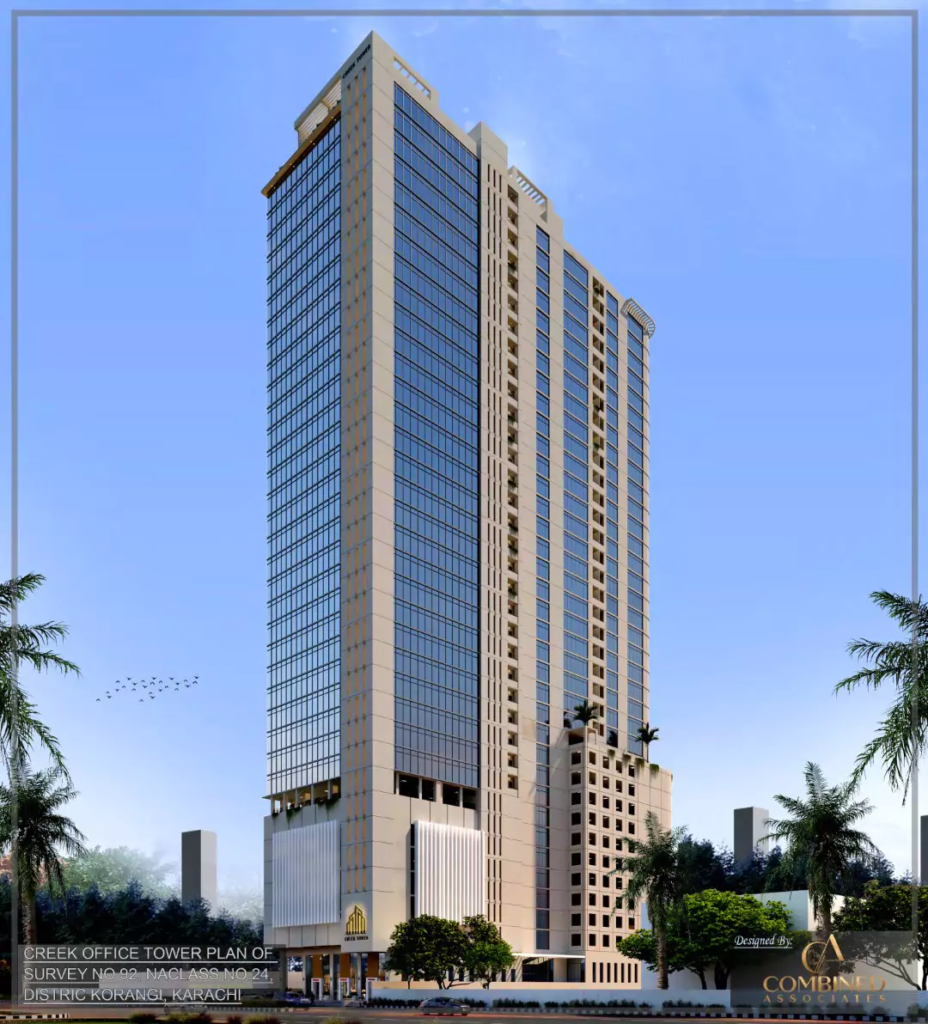 Modern high-rise Creek Tower office building in DHA Phase 7 Karachi, featuring glass facade, beige cladding, palm trees, and 