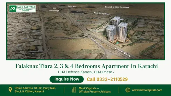 Aerial view of Falaknaz Tiara high-rise apartments at DHA Phase 7 Karachi near Creek Road with surrounding urban landscape.