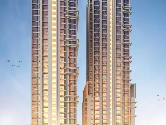 Falaknaz Tiara Twin High-Rise Towers In Karachi With Modern Glass Facades, Illuminated Windows, Landscaped Base And Evening S