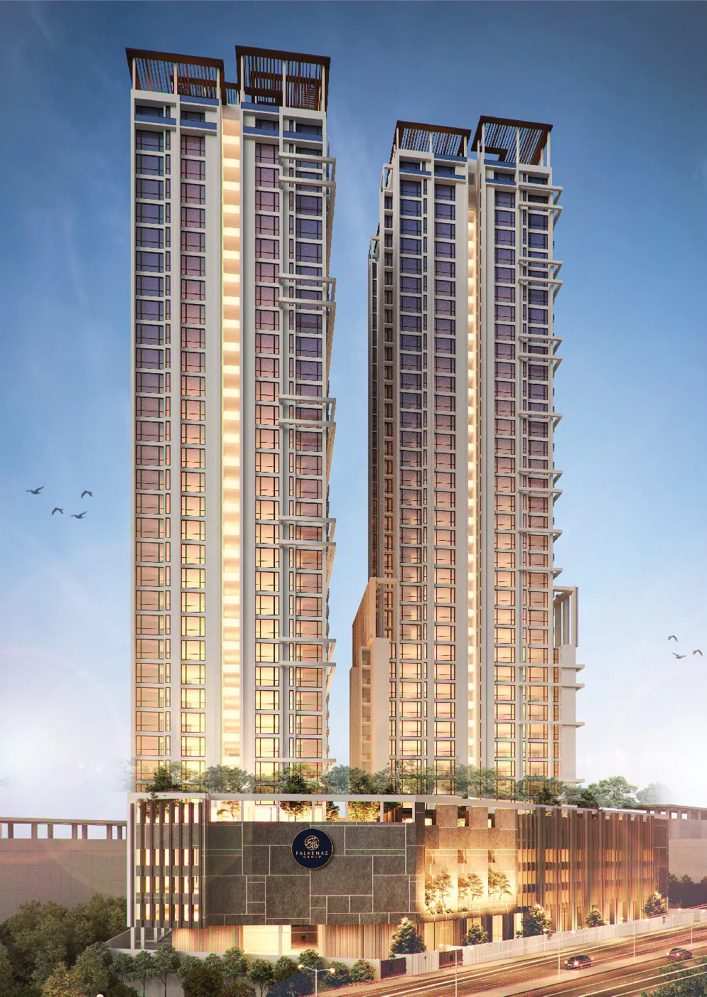 Falaknaz Tiara twin high-rise towers in Karachi with modern glass facades, illuminated windows, landscaped base and evening s