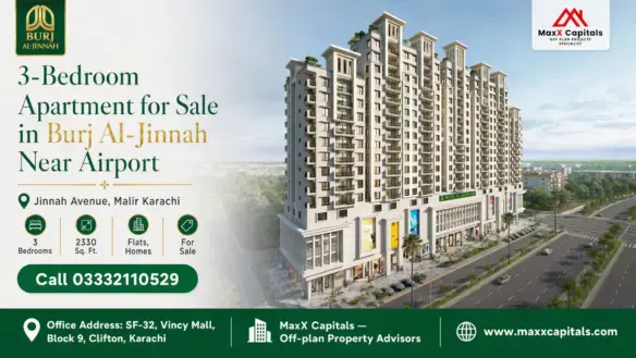 Modern High-Rise Building With Beige Facade, Lush Rooftop Gardens, And Retail Shops, Located In Burj Al-Jinnah Near Karachi A