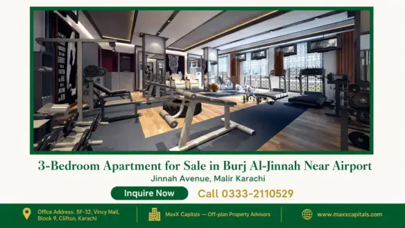 Modern gym with treadmills, weight training equipment, wooden flooring, and ambient lighting in Burj Al-Jinnah apartments.
