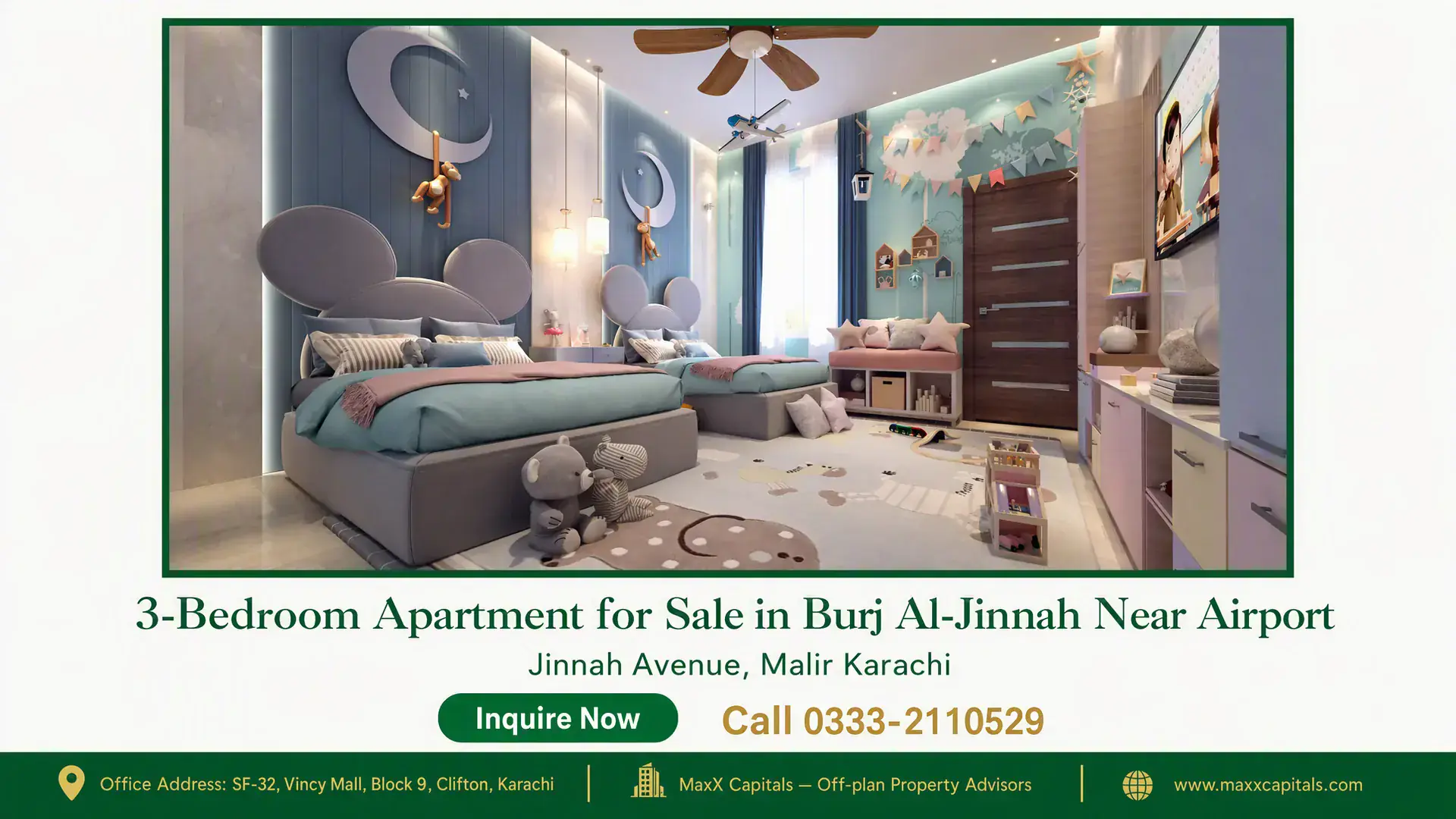 3-Bedroom Apartment for Sale in Burj Al-Jinnah Near Airport Modern children's bedroom in a luxury Burj Al-Jinnah 3-bedroom apartment with twin beds, playful decor, and ambient lighting.