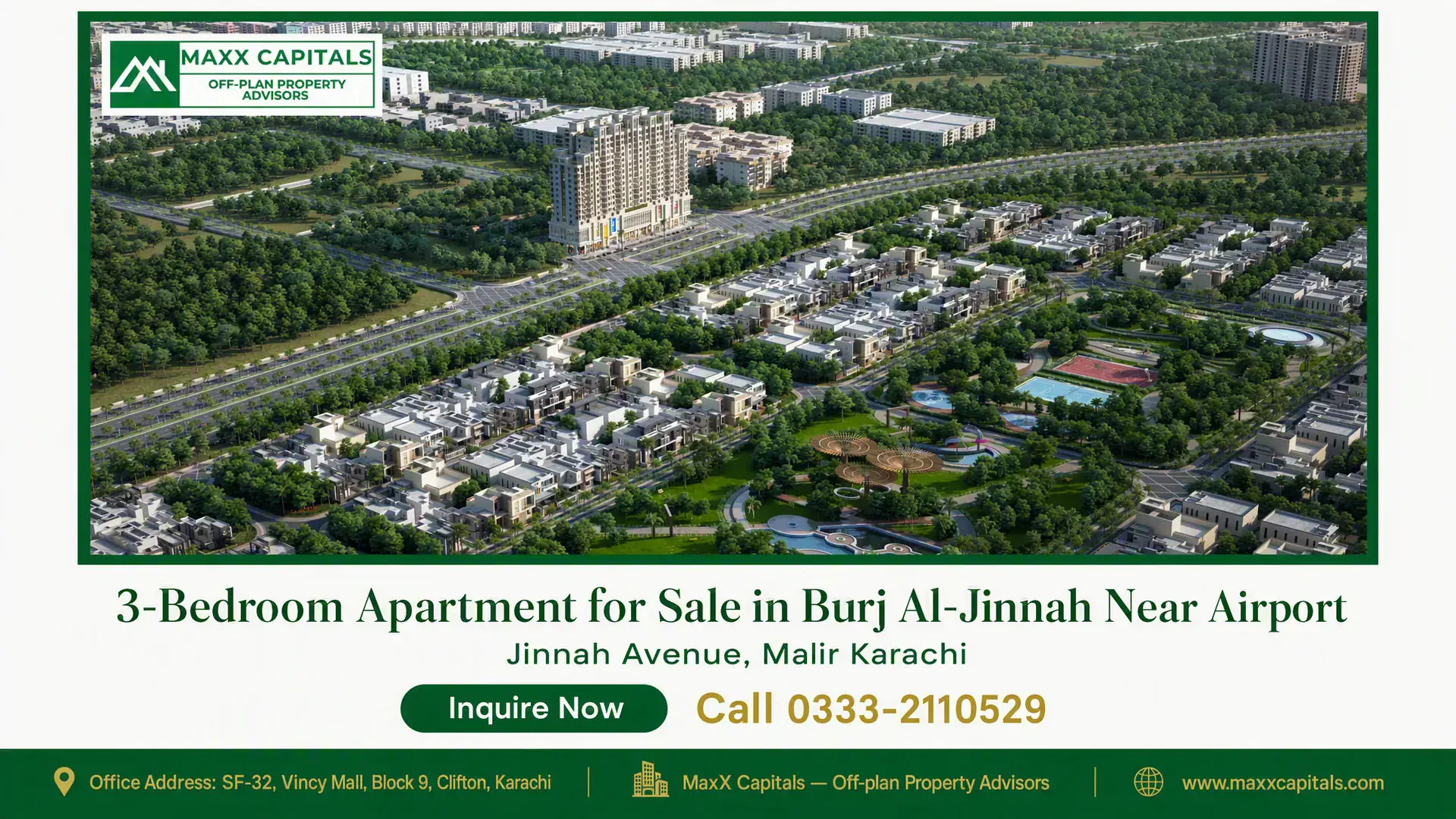 3-Bedroom Apartment for Sale in Burj Al-Jinnah Near Airport Aerial view of modern 3-bedroom apartment complex in Burj Al-Jinnah surrounded by lush greenery and recreational spaces.