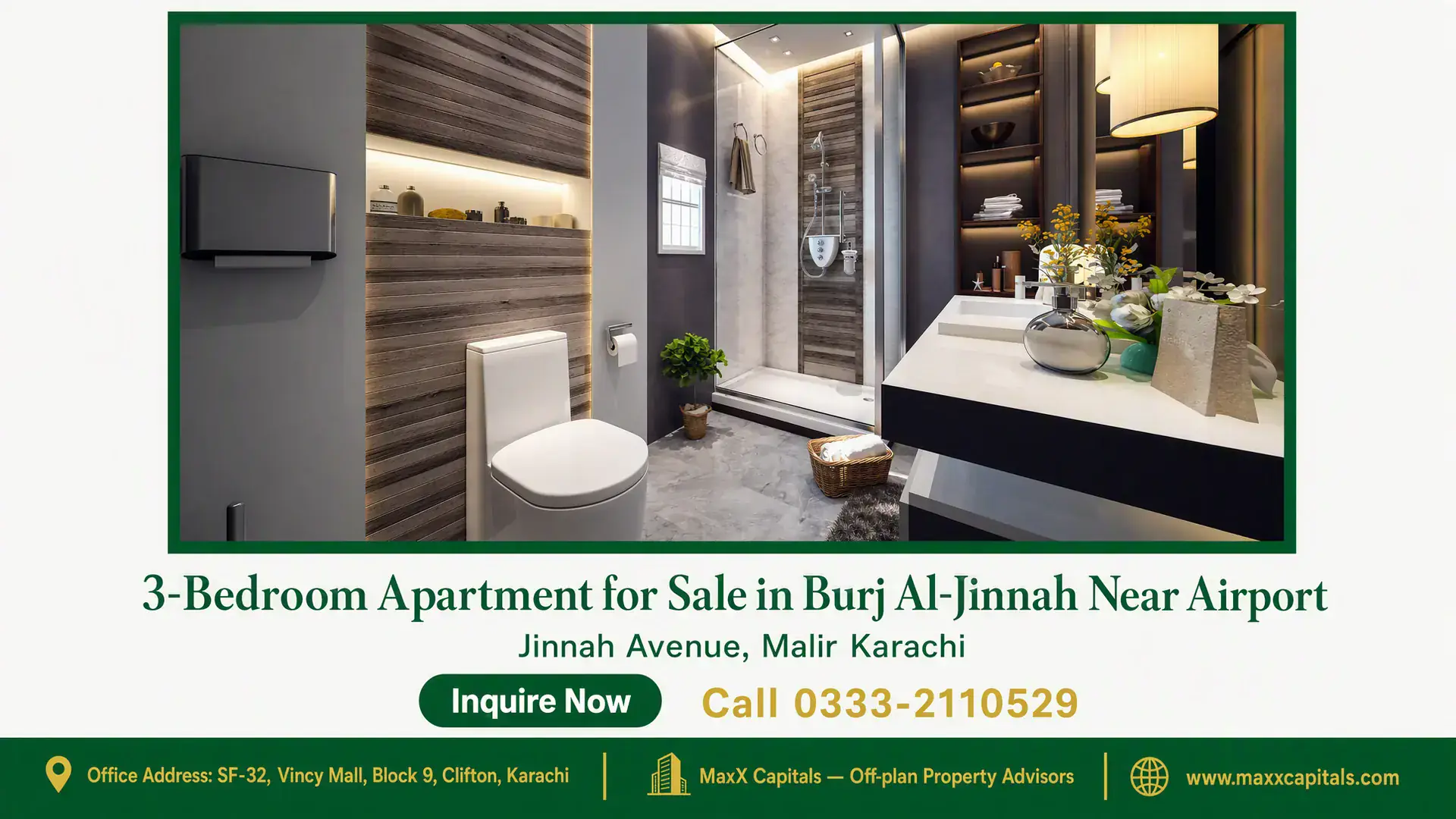 3-Bedroom Apartment for Sale in Burj Al-Jinnah Near Airport Modern bathroom with sleek wood paneling, walk-in shower, ceramic fixtures, and contemporary vanity in Burj Al-Jinnah apartme
