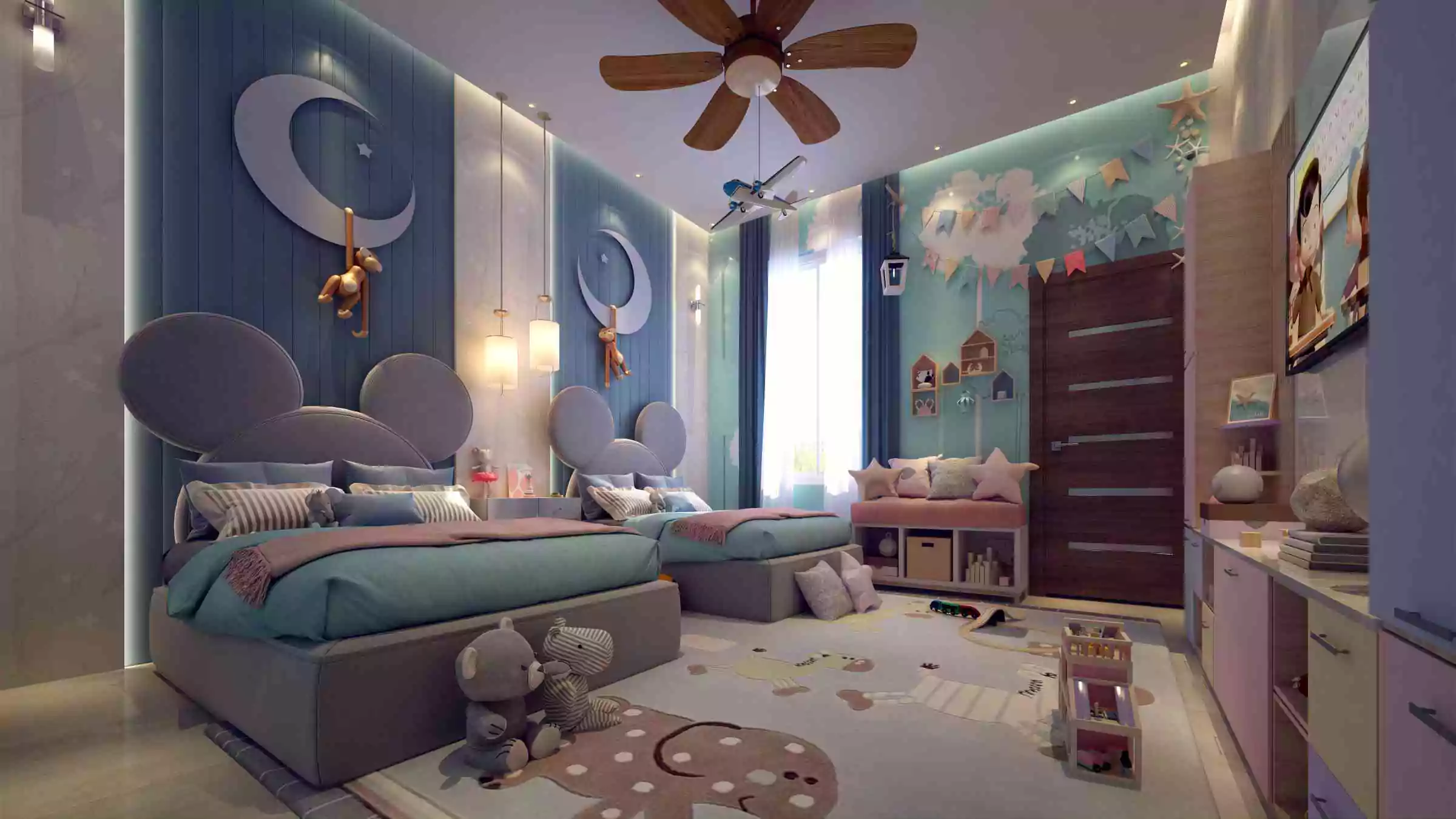 3-Bedroom Apartment for Sale in Burj Al-Jinnah, Opposite Malir Cantt, Karachi (4) Children's bedroom in 3-bedroom apartment for sale Burj Al-Jinnah, twin beds with ear headboards, blue moon walls, ceiling fa