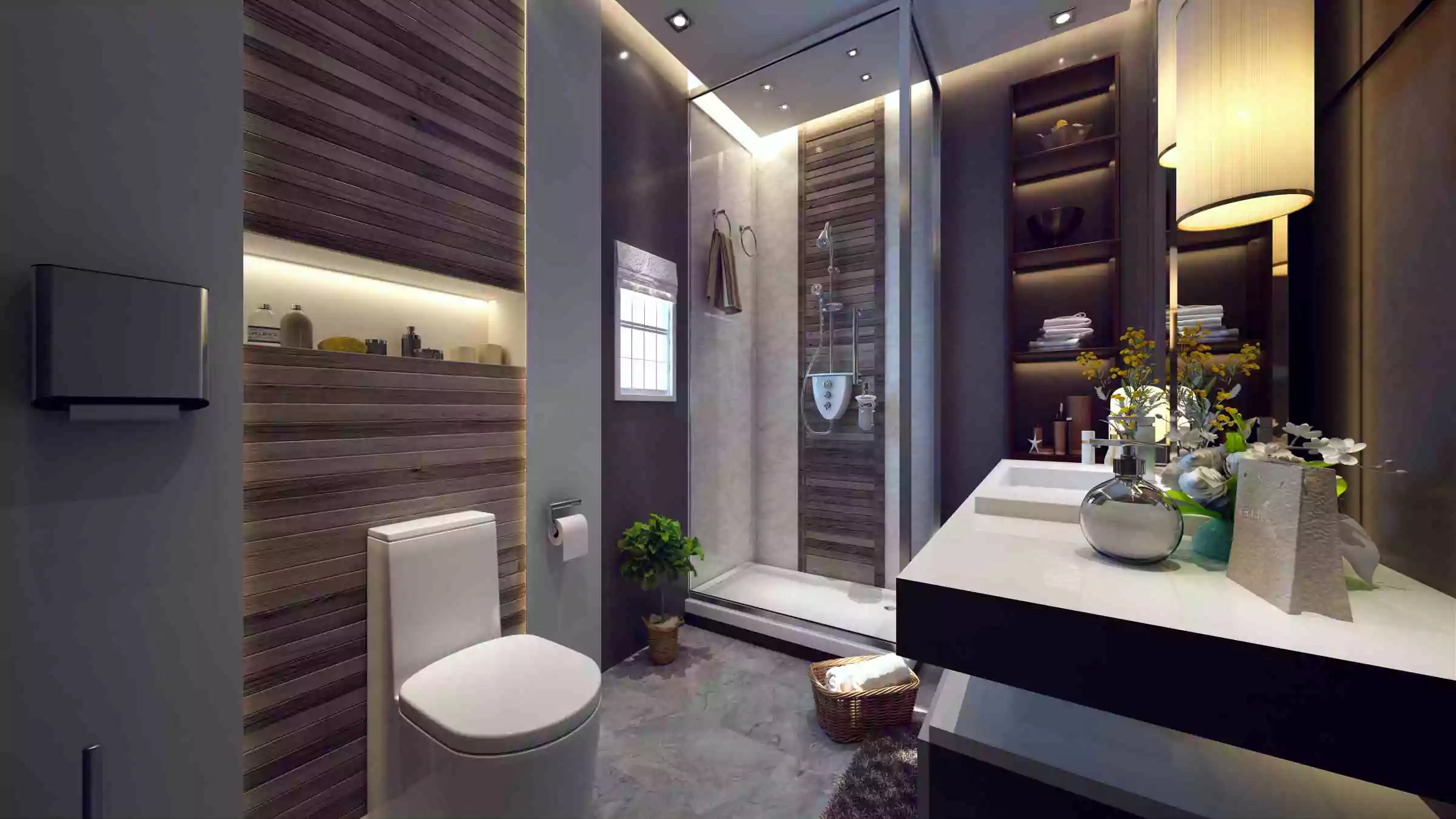 3-Bedroom Apartment for Sale in Burj Al-Jinnah, Opposite Malir Cantt, Karachi (7) Modern bathroom in Burj Al-Jinnah 3-bedroom apartment: wooden panel walls, glass shower, white toilet, floating vanity sink,