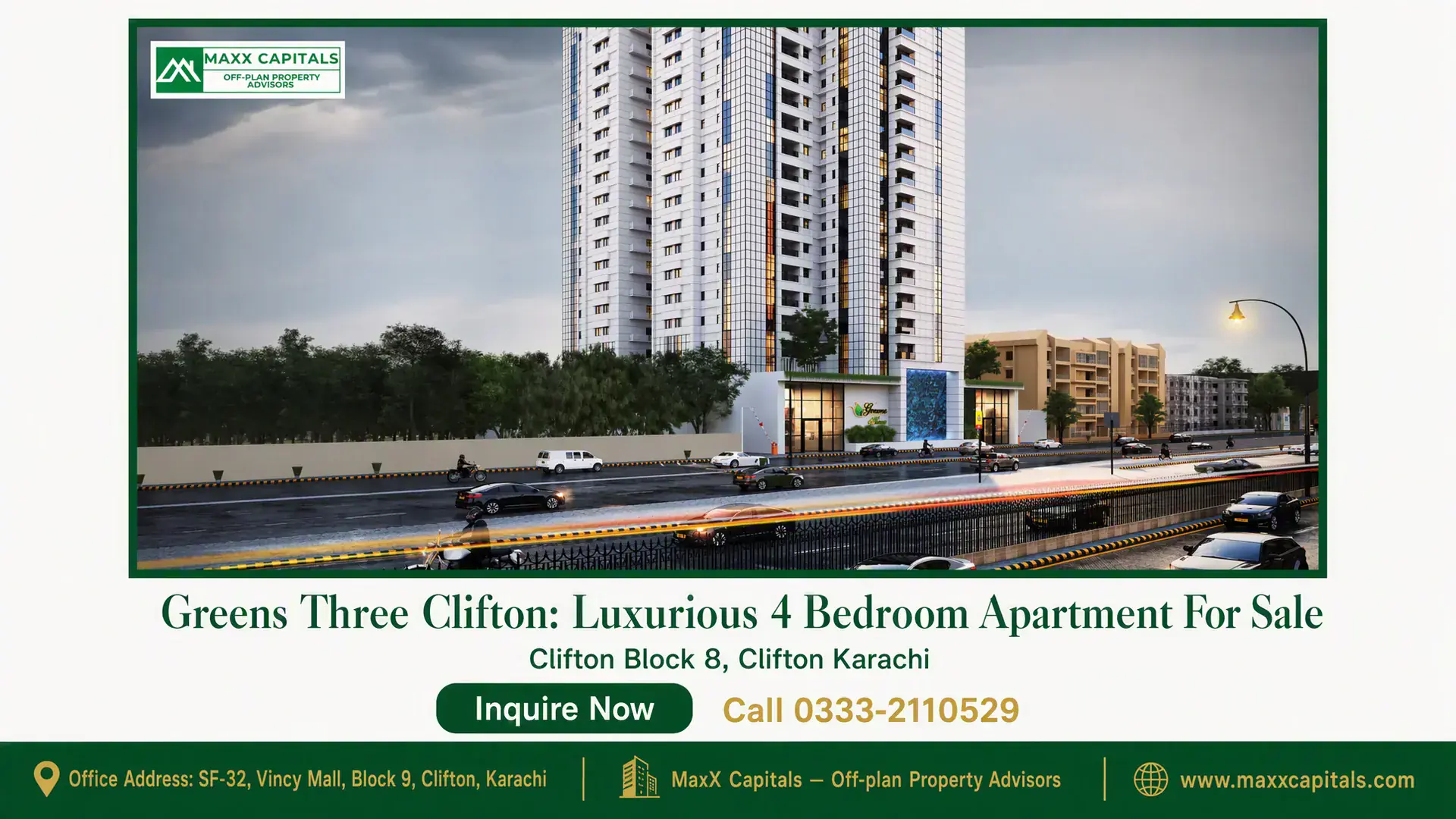 Greens Three Clifton: Luxurious 4 Bedroom Apartment For Sale Modern high-rise building at Greens Three Clifton with sleek facade and residential surroundings in Clifton Block 8, Karachi.