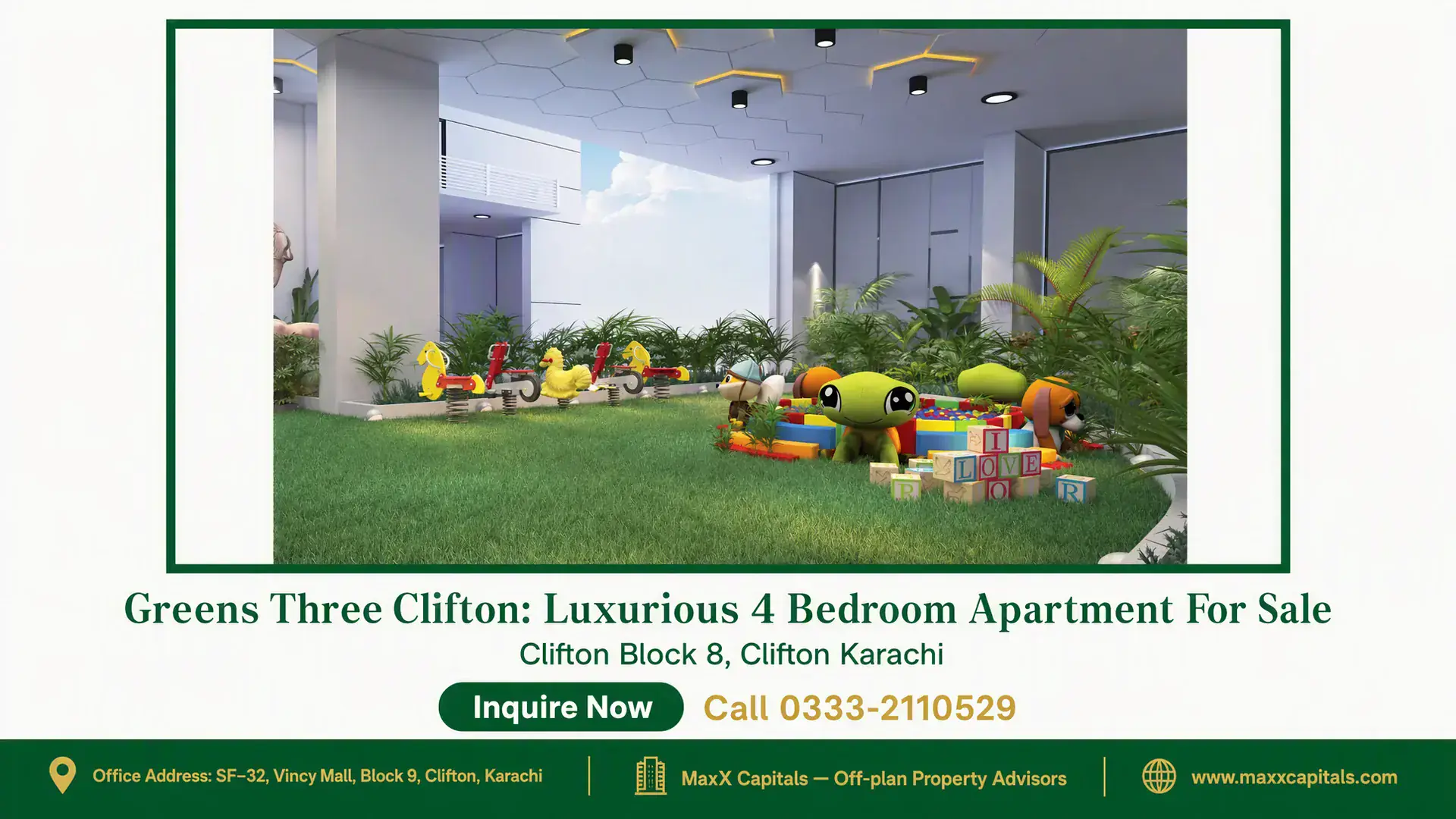 Greens Three Clifton: Luxurious 4 Bedroom Apartment For Sale Children's play area with green lawn, vibrant toys, and modern ceiling lighting at Greens Three Clifton apartment complex.