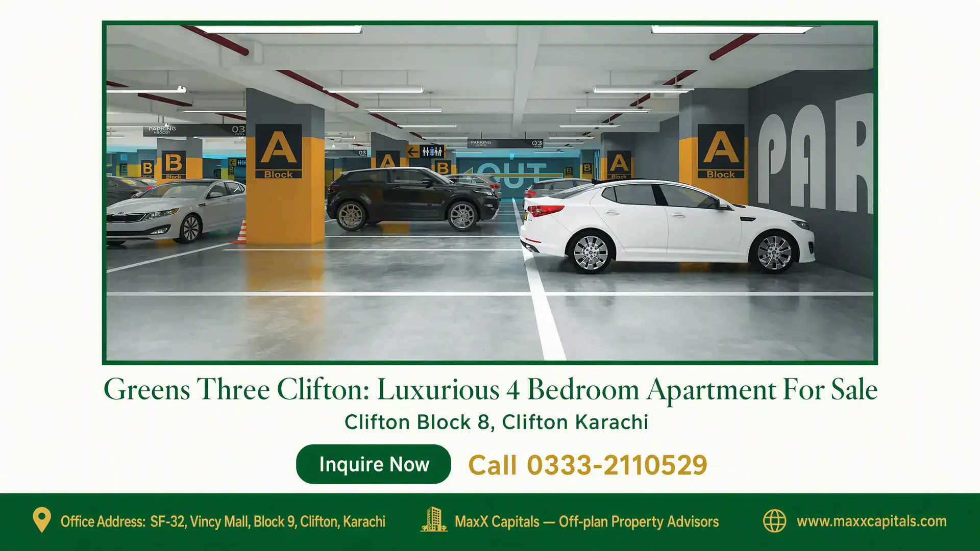 Greens Three Clifton: Luxurious 4 Bedroom Apartment For Sale Modern underground parking space at Greens Three Clifton with marked zones and premium vehicle accessibility.